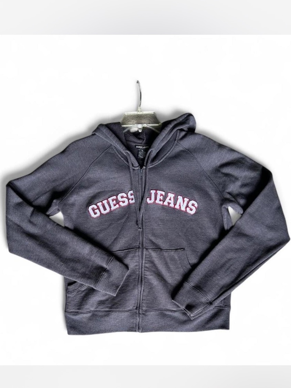 GUESS Jeans Charcoal full zip Hoodie with embroidered Logo.